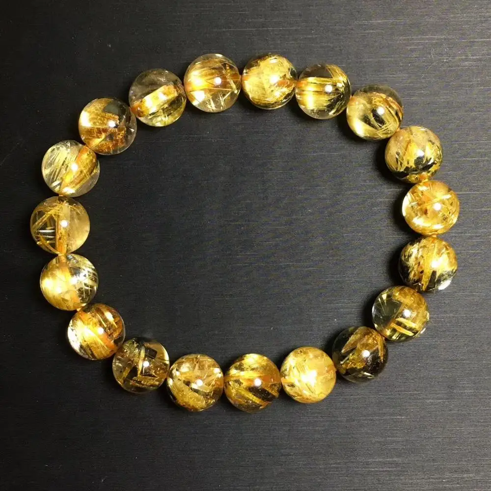 

Certificate 10mm Natural Gold Rutilated Quartz Titanium Bracelet Jewelry For Woman Lady Man Crystal Round Beads Stretch AAAAA