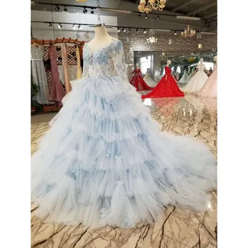

BGW 2254ht Light Blue Evening Dresses Fairy O Neck Long Tulle Sleeve Back 3D Flower Cake Style Beauty Girls Pageant Dress