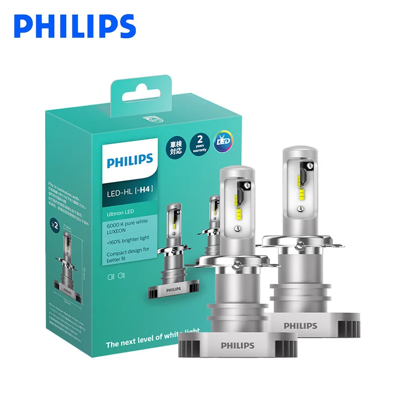 Philips LED H4 H7 H8 H11 H16 9003 Ultinon LED 6000K Cool Blue White Light +160% Brighter Car Headlight Compact Design Pair
