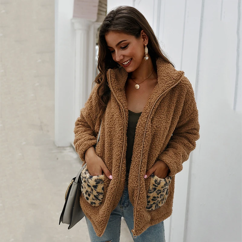 

Autumn Winter Plush Thick Coat Women 2019 Fashion Leopard Stitching Pocket Zipper Jackets Loose Coats Female Casual Outwear
