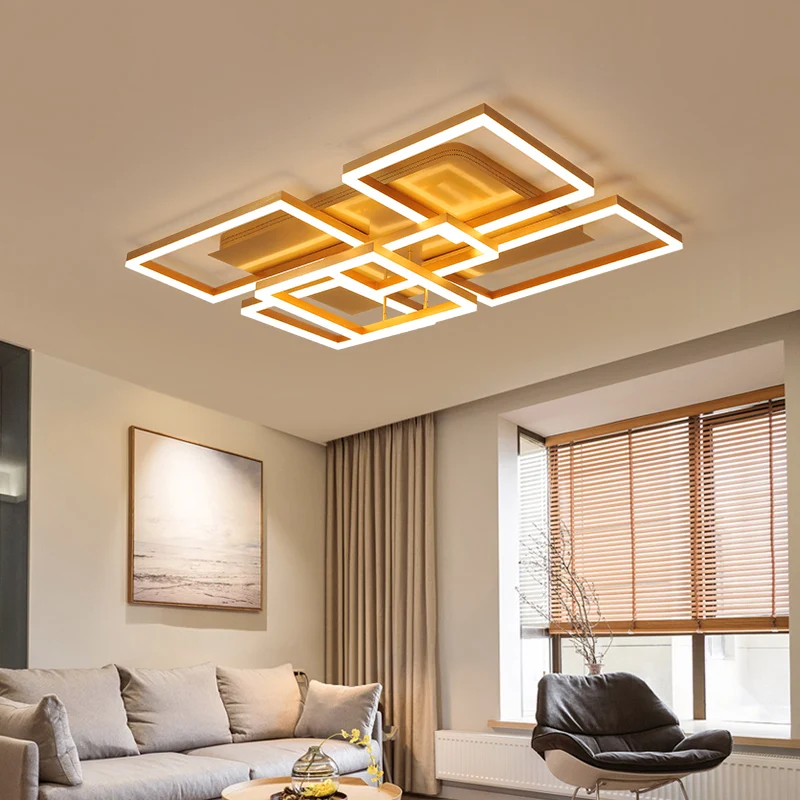 

New LED Living Room Ceiling Lamp Gold Luster Rectangle Splicing Chandelier with Remote Control Home Decoration Lighting Fixtures