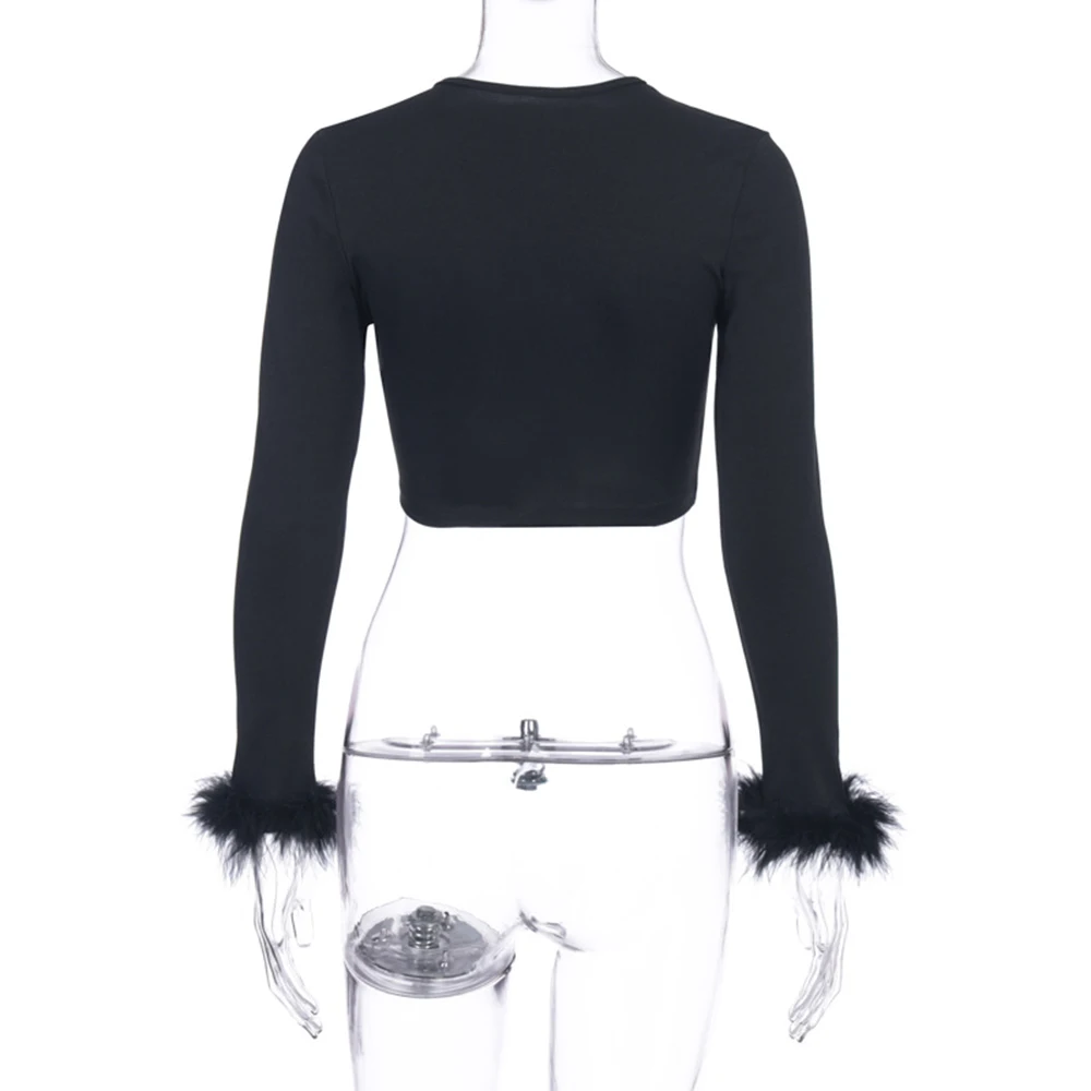 Langarm Pelz V-Ausschnitt gewickelt Bandage sexy Crop Tops Herbst Winter Frauen Streetwear Club Party Outfits T-Shirts – Detail 19