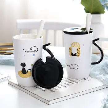 

Cartoon Cat Coffee Mug Creative Ceramic Cup with Lid Spoon 410ml Large Capacity Household Breakfast Milk Cups Couples Water Mugs