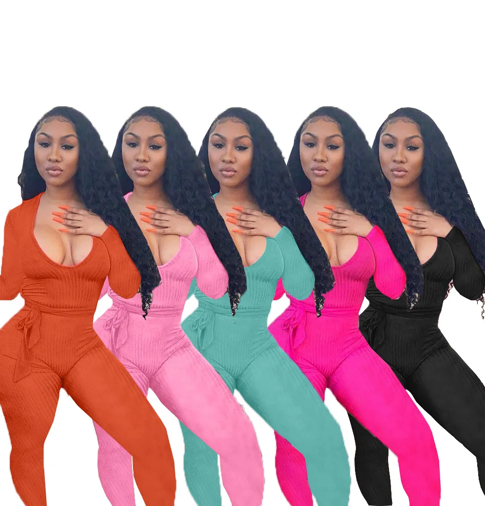

Women Solid Ribbed Bodycon Jumpsuits Long Sleeve V-neck Elastic Waist with Sashes Plus Size Romper