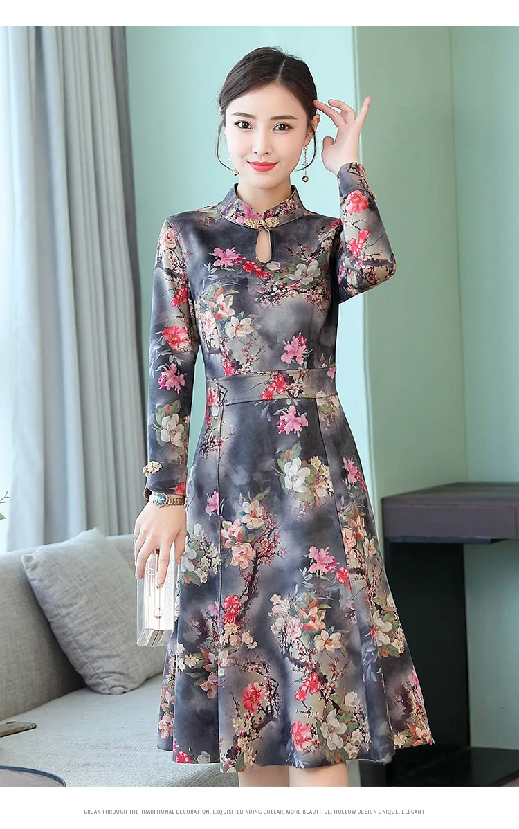 Оленья кожа бархат cheongsam платье осенняя одежда стиль женщин среднего возраста платье элегантный этнический стиль с длинным рукавом Mid-leng
