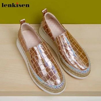 

Lenkisen print gingham metal sheep leather loafers shoes slip on round toe thick bottom women vitality new vulcanized shoes L09