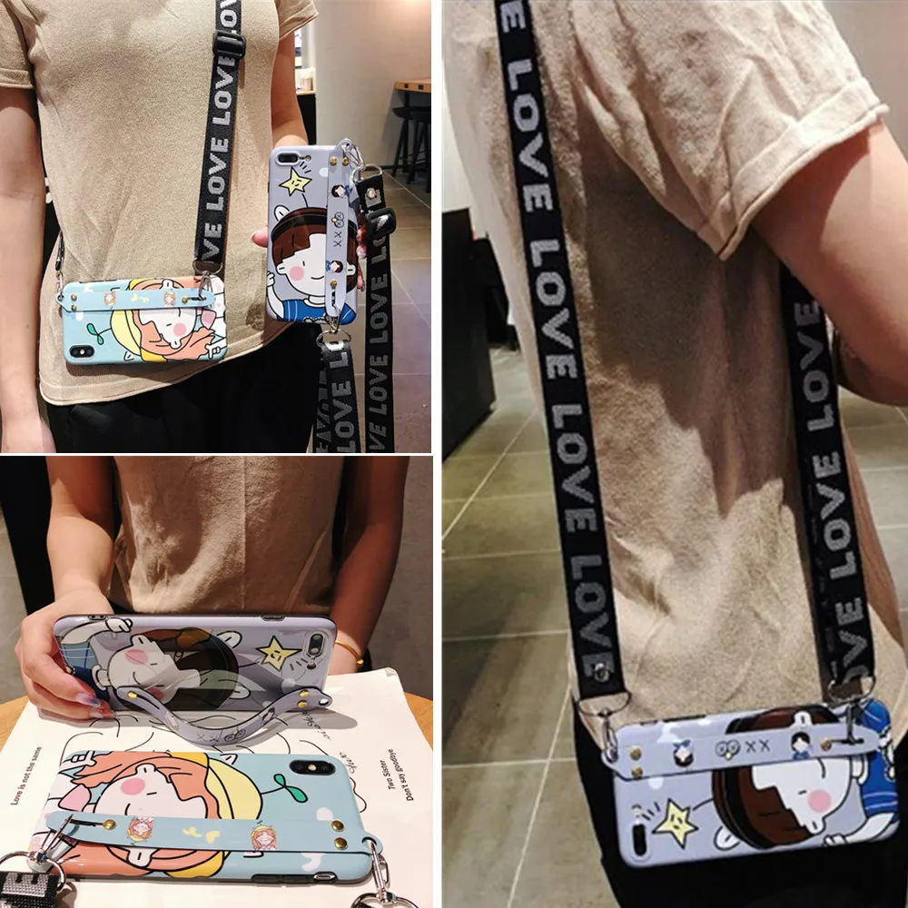 

cartoon strap tpu case for huawei P30 P20 pro nova 5 pro 4 3 honor 20 case cover wristband holder shoulder lanyard soft silicon