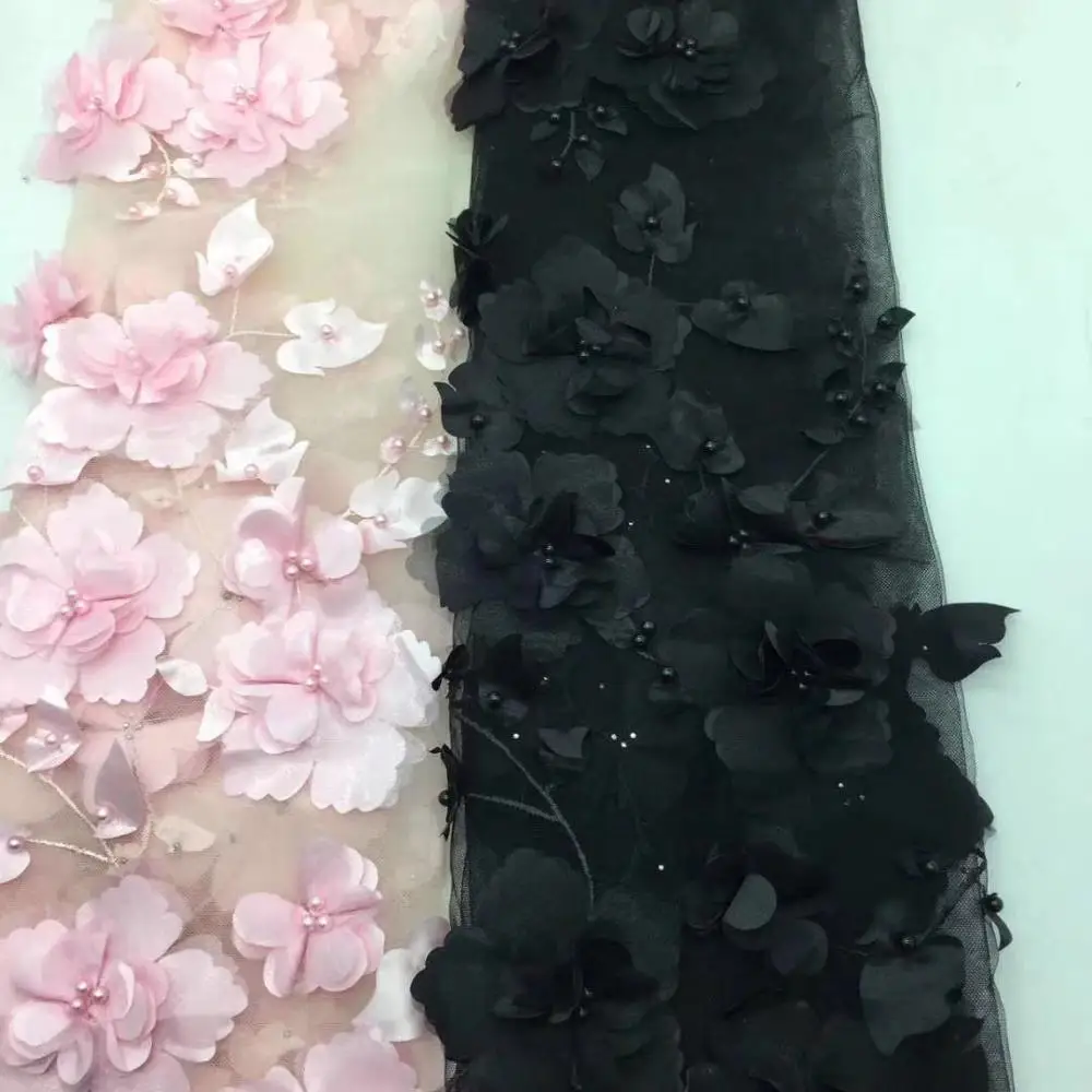 

JRB-8.0801 Pretty 3d flower African net lace textile Graceful black French tulle embroidery lace fabric with beads