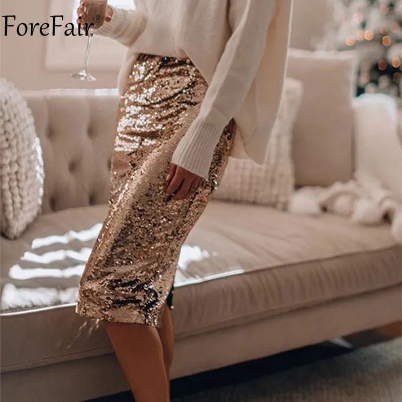 Billig Forefair Pailletten Rock Party Bodycon Midi Sommer Herbst Frauen Sexy Clubwear Hohe Taille Dame Casual Gold Schwarz Lange Röcke