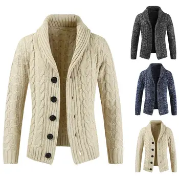 

Men knitted hooded jumpers Winter Men Solid Color Turn Down Collar Long Sleeve Crochet Cardigan