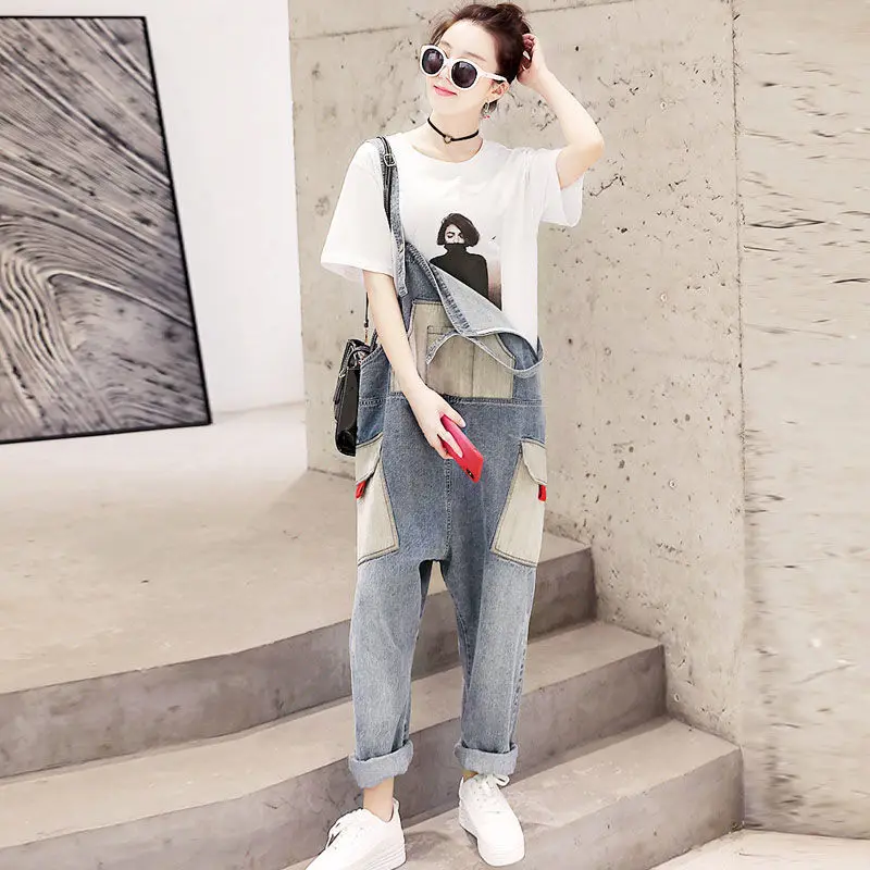 Ladies Stitching Denim Overalls 2020 Spring and Autumn New Loose and Versatile Age Reduction Harlan One-piece Suspender Pants