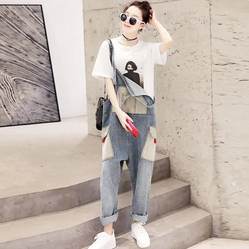 

Ladies Stitching Denim Overalls 2020 Spring and Autumn New Loose and Versatile Age Reduction Harlan One-piece Suspender Pants