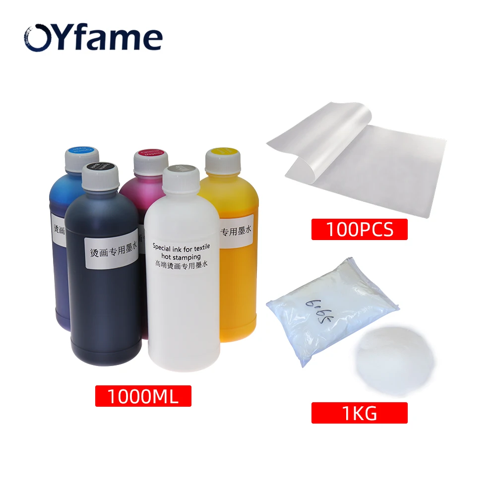 

OYfame 5*1000ml Transfer Ink DTF Ink with 100PCS DTF Film PET Film With Powder For DTF Printing Direct Transfer Film Printer