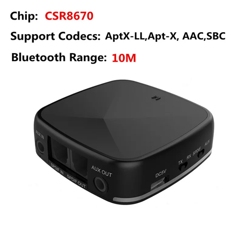 CSR8675/8670 Bluetooth 5,0 передатчик RCA приемник aptX LL HD 3,5 мм разъем Aux SPDIF беспроводной адаптер для ТВ автомобильный аудиоприемник - Цвет: Black with Silver