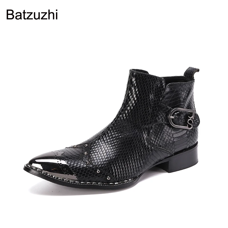 Batzuzhi Luxury Handmade Boots Men Black Genuine Leather Boots Men Ankle Pointed Metal Head Zip Business Fashion Party Botas