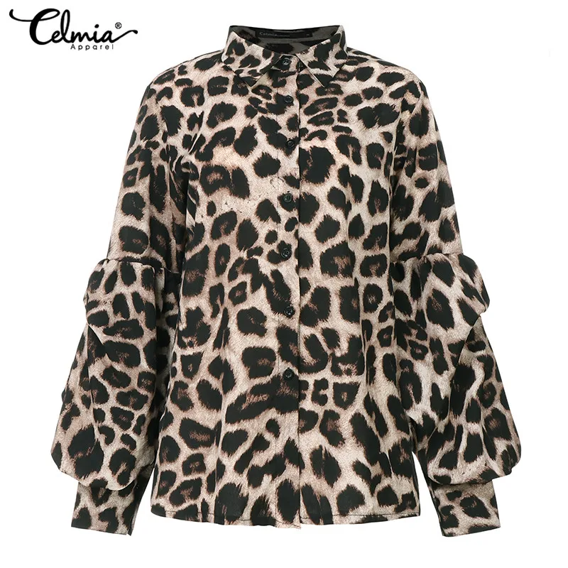  Plus Size Women Sexy Leopard Print Blouses Tunic Tops Celmia 2019 Fashion Lapel Lantern Sleeve Casu
