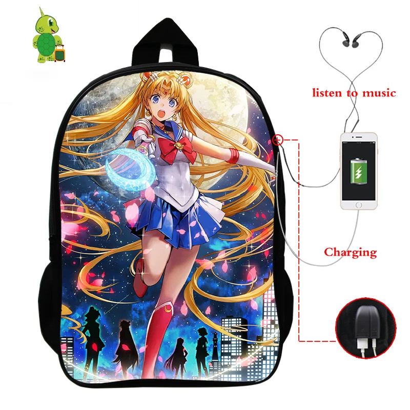 Аниме Сейлор Мун рюкзак USB зарядка Рюкзак для ноутбука школьные сумки для подростков девочек и мальчиков Многофункциональный рюкзак дорожные сумки - Цвет: 1
