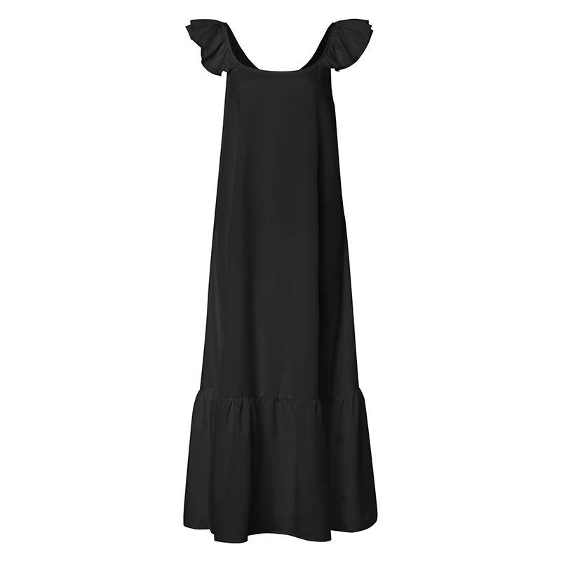 Летнее пляжное платье, женское платье с коротким рукавом и оборками, женское Плиссированное повседневное свободное однотонное длинное платье макси размера плюс - Цвет: Черный