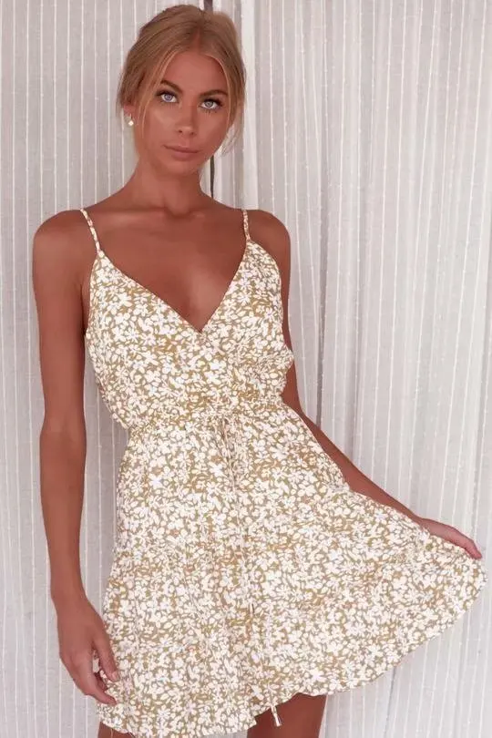 

Europe And America 2019 Summer New Style Slim Fit Slimming Versatile V-neck Cross V-neck Printed Waist Hugging Dress A- line Ski