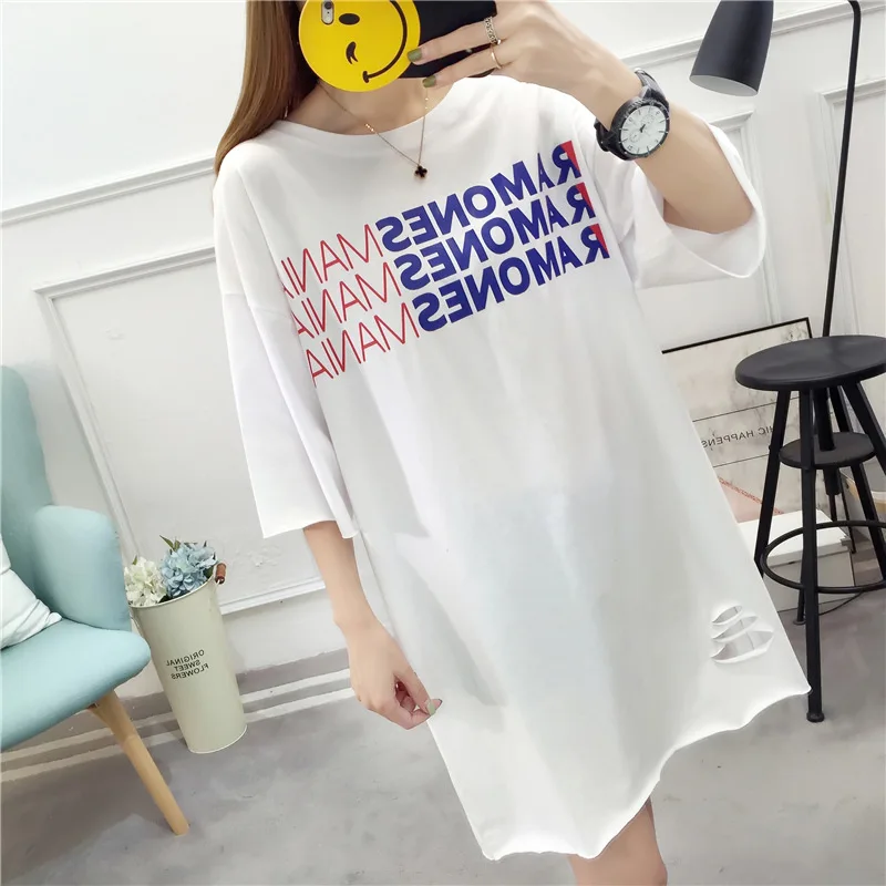 

Summer Wear Korean-style Cotton Mixed Printed Letter Loose Large Version of Mid-length T-shirt Dress WOMEN'S Short Sleeved Pregn