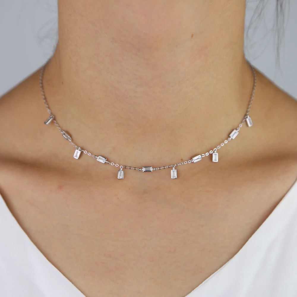 

2019 summer new arrived sparking bling baguette stone cubic zirconia cz women classic link chain short fashion choker necklace