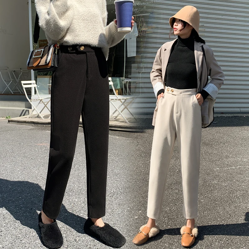 

HUAYIMENGYI Spring Women Elastic Woolen Pant Female Plus Size Casual Trousers Black Harem Pants Winter Wool Full Length Pants