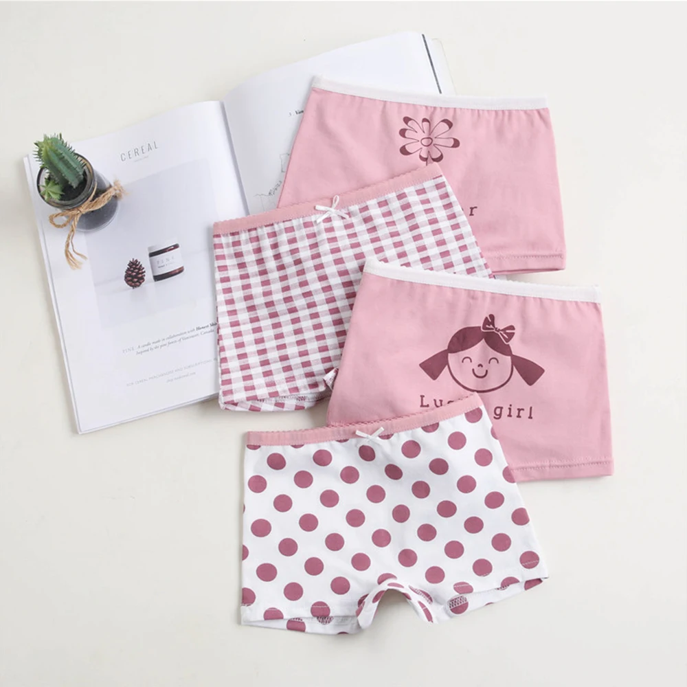 Girls Panties Kids Cotton Underwear Children\'s Briefs Wave Point Trellis Cartoon Short 4Pcs/lot