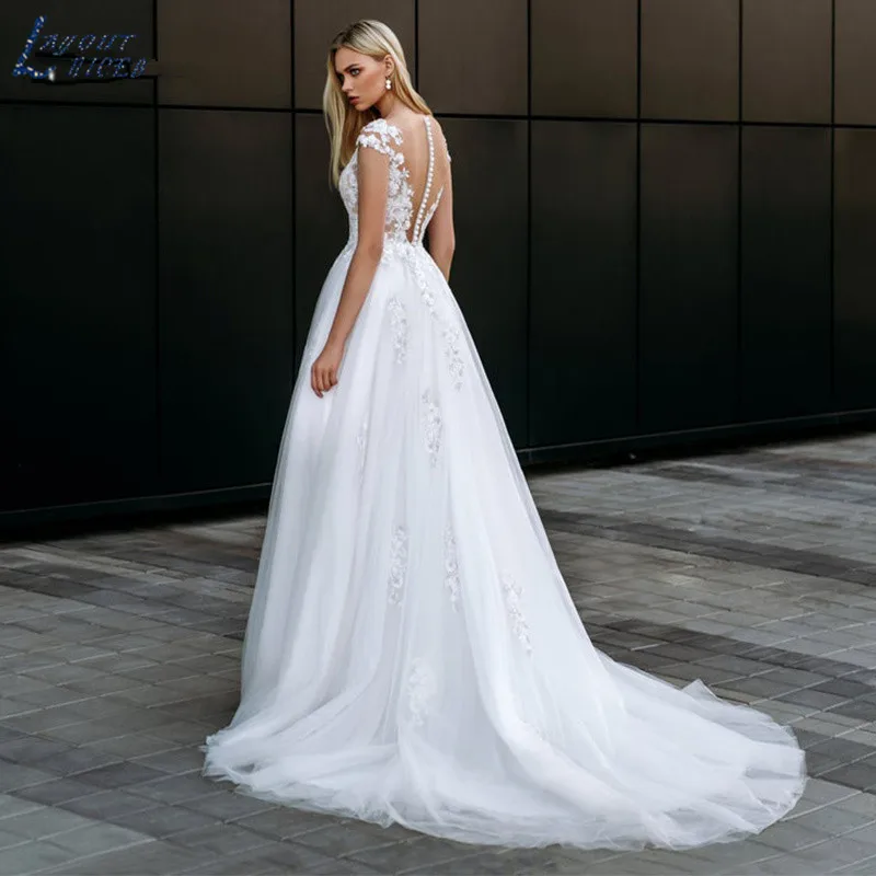 grace kelly wedding dress Cap Sleeves Tulle 2022 Wedding Dress  A-Line O-Neck Beach Party Bridal Gown ILLUSION Button Lace  Appliques Vestido De Noiva sexy wedding dresses