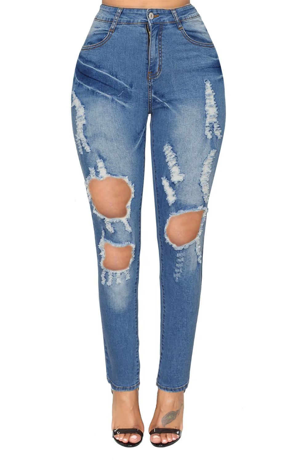 Dark Denim Distressed Skinny Jeans Women Autumn Casual Patchwork Hole High Waisted Pants | Женская одежда