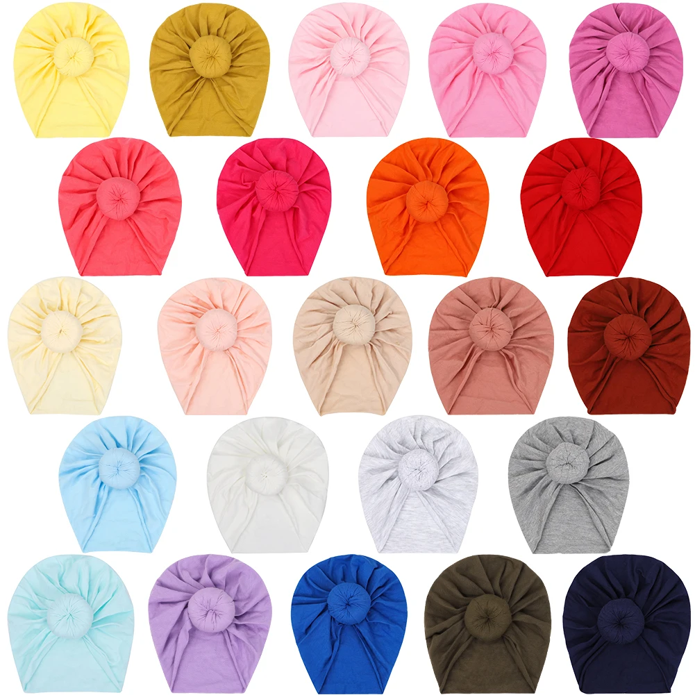 Solid Cotton Donuts Baby Boy Girls Cap Hat 0-4T Sweet Newborn Skullies Beanies Soft Turban India Topknot Headwraps Accessories