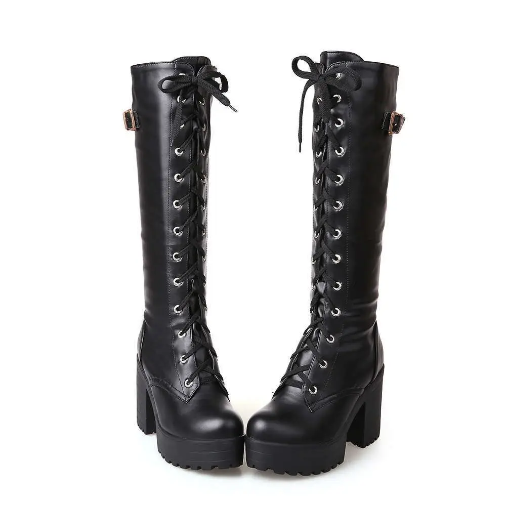 Brand New Big Size 43 Shoelaces Wedge High Heels Platform Tide Trendy Cool Autumn Winter Knee Boots Shoes Women Footwear | Обувь