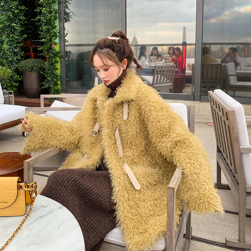 

2019 Autumn & Winter New Fashion Lamb Fur Women Yellow Long Coat Size S M L Free Shipping Worldwide