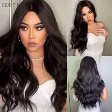 

HENRY MARGU Long Black Brown Synthetic Wigs for Women Middle Part Wigs Natural Hair Wavy Wig Cosplay Heat Resistant Hair Wig
