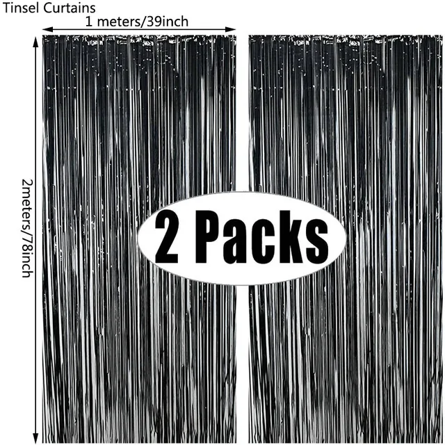 2Pack Party Backdrop Metallic Foil Fringe Tinsel Curtain Adult Kids Birthday Party Wedding Decoration Baby Shower Favor Supplies black