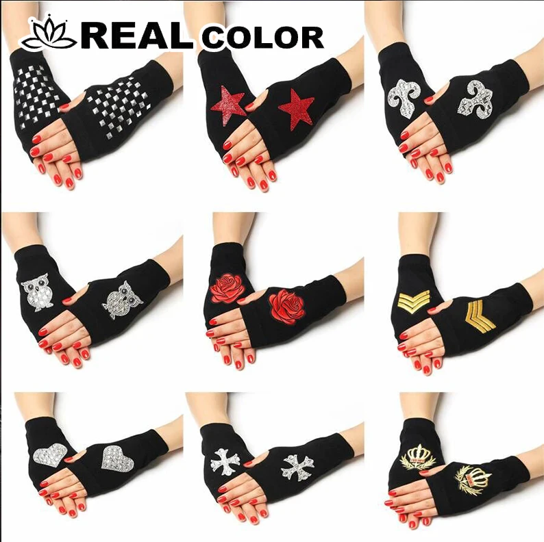 

2019 best sailor dance gloves fingerless rivet gloves wool gloves spring and autumn black half finger performance gloves women-L