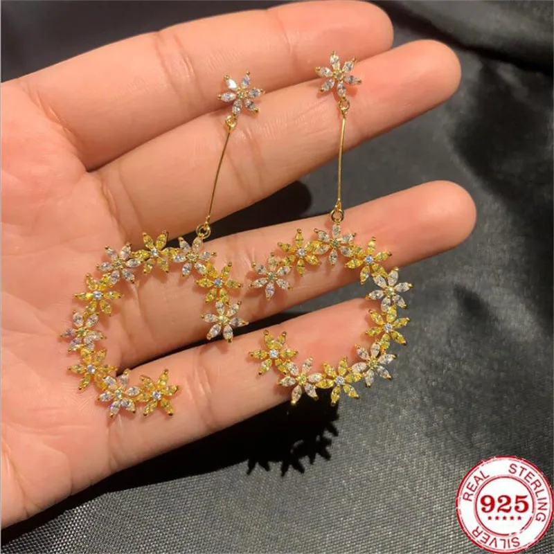 

S925 Silver Post Women Trendy Flower Earrings Long C-shaped Earrings with Zircons Hypoallergenic Jewelry for Women