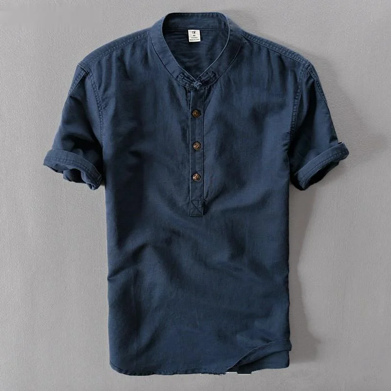 Helisopus Men Casual Cotton Linen Shirts Autumn Brand Short Sleeve Shirt Mandarin Collar Solid Color Retro Shirt Tees 1