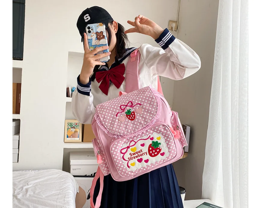 2021 New Arrival! Cute embroidery fruit strawberry lace backpack