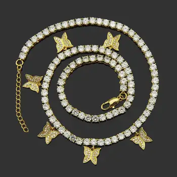 

Hip Hop Gold Color Rhinestone Zircon Tennis Chain Necklace Butterfly Necklace Pendant Necklace Hip Hop Jewelry For Men DJ-253