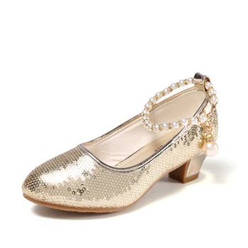 

Spring Autumn Children Leather shoes High heels Sequins Beaded Girls Princess Performance shoes 01B