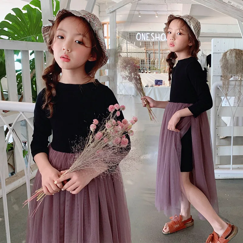 

Girls Spring Clothing 2020 New Style Korean-style Western Style Color Mixture Woolen Vest + Mock Two-Piece Mesh Dress Q2155-19n7