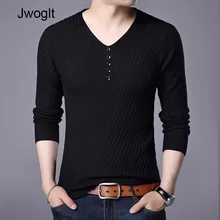 Осень Новая кнопка v-образным вырезом облегающий свитер мужской шерстяной пуловер Свитера мужские s трикотажные черные темно-синие винно-красные Pull Homme
