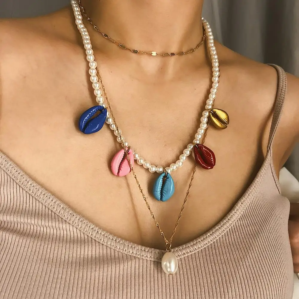 

Hip Hop Multi-layer Rice Bead Color Shell Combination Set Chain Pearl Necklace Ring Thick Metal Chain Punk Pendant Choker