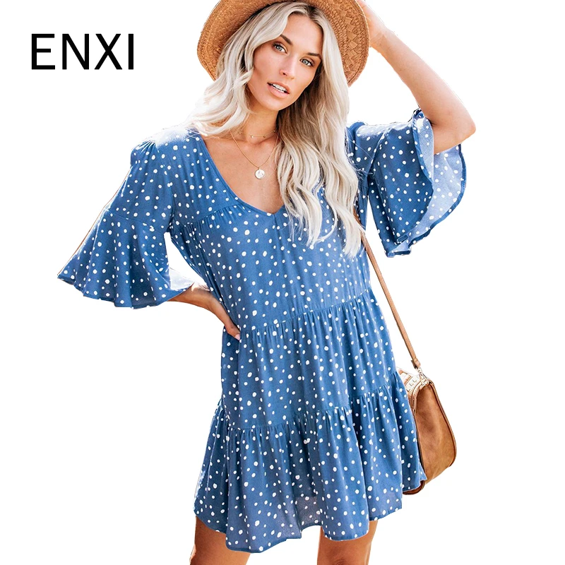 

ENXI Blue And White Dots Printed Pregnancy Dress Hem Sleeve Ruffles Maternity Dresses Style Novel Fashion Vestido Women Dress