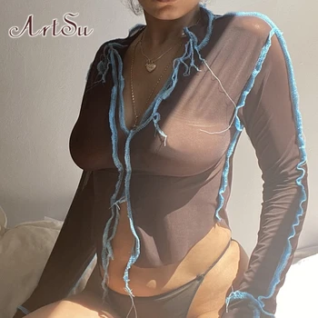 

ArtSu sexy club mesh shirt V neck low cut top women office lady elegant black T-shirt long sleeve crop top female tshirt TS52186