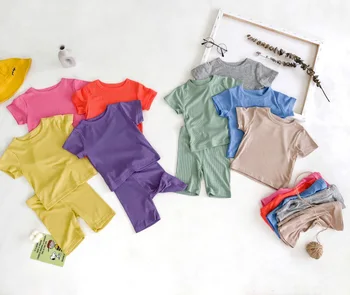 

Baby Boys Girls Ribbed Cotton Outfits Short Sleeve Tops+Shorts Sleepwear Pajamas Set Children 2pcs Nightgowns Kids Clothing