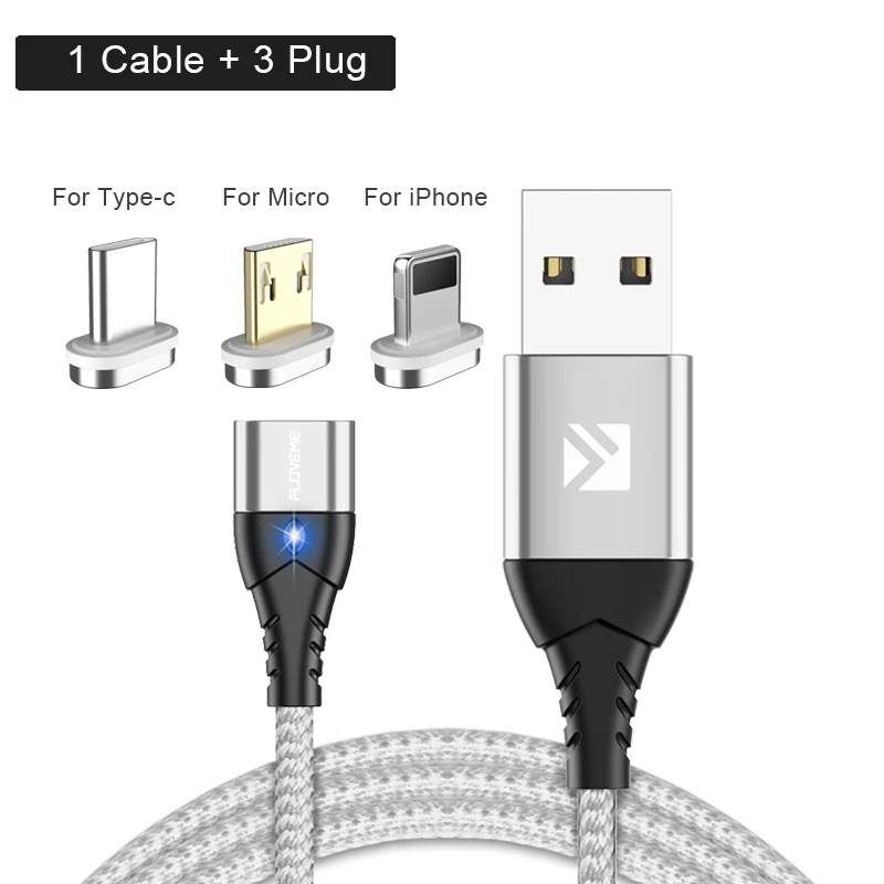 FLOVEME Магнитный Зарядное устройство кабель 3-в-1 быстрая 3A USB C Тип C кабель для передачи данных для iPhone 7 8 samsung Xiaomi Магнит Micro USB Зарядное устройство Шнур - Цвет: 1 Silver and 3 plug