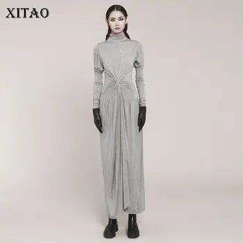 

XITAO Pleated Hem Dress Fashion New Pullover Long Small Fresh Casual Style Waist Closing Body Building Minority Dress ZY1976