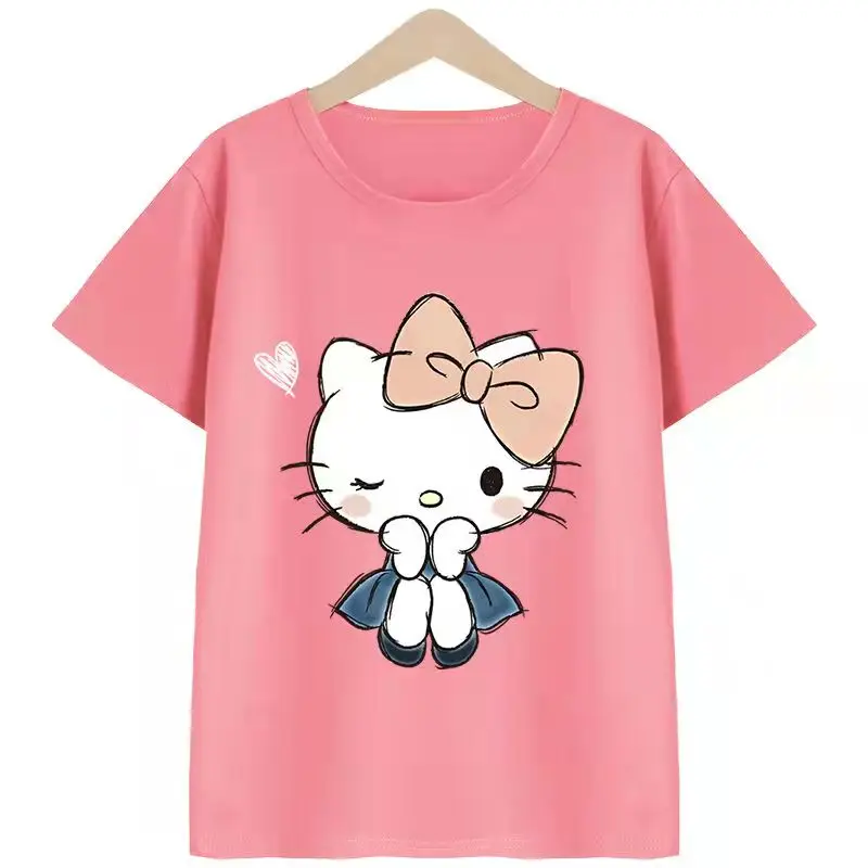 thumbnail image 1 of Hello Kitty, ropa de verano de manga corta de algodón para niñas, camiseta con estampado de dibujos animados, camisa inferior fina de media manga para niños, 1 of 4