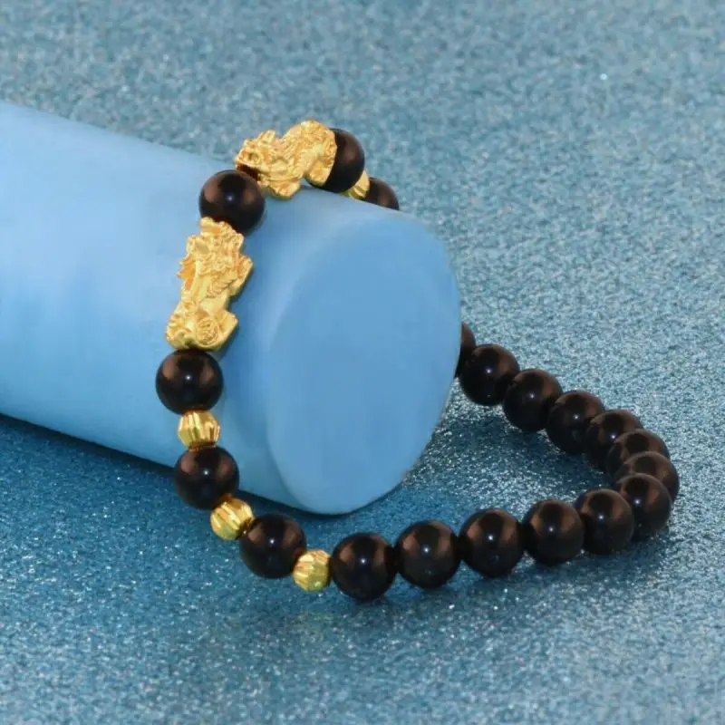 Pure 999 24k желтое золото унисекс 3D Pixiu & Face Bead черные агатовые бусины браслет 6 3
